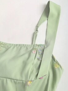 Sweetra Đầm ngắn nữ kiểu Pháp mùa xuân & thu mới, thêu họa tiết quả mơ, tối giản, gợi cảm, cổ vuông, thắt eo, dễ thương, ngọt ngào, thanh lịch. - màu xanh lá - Xem 3