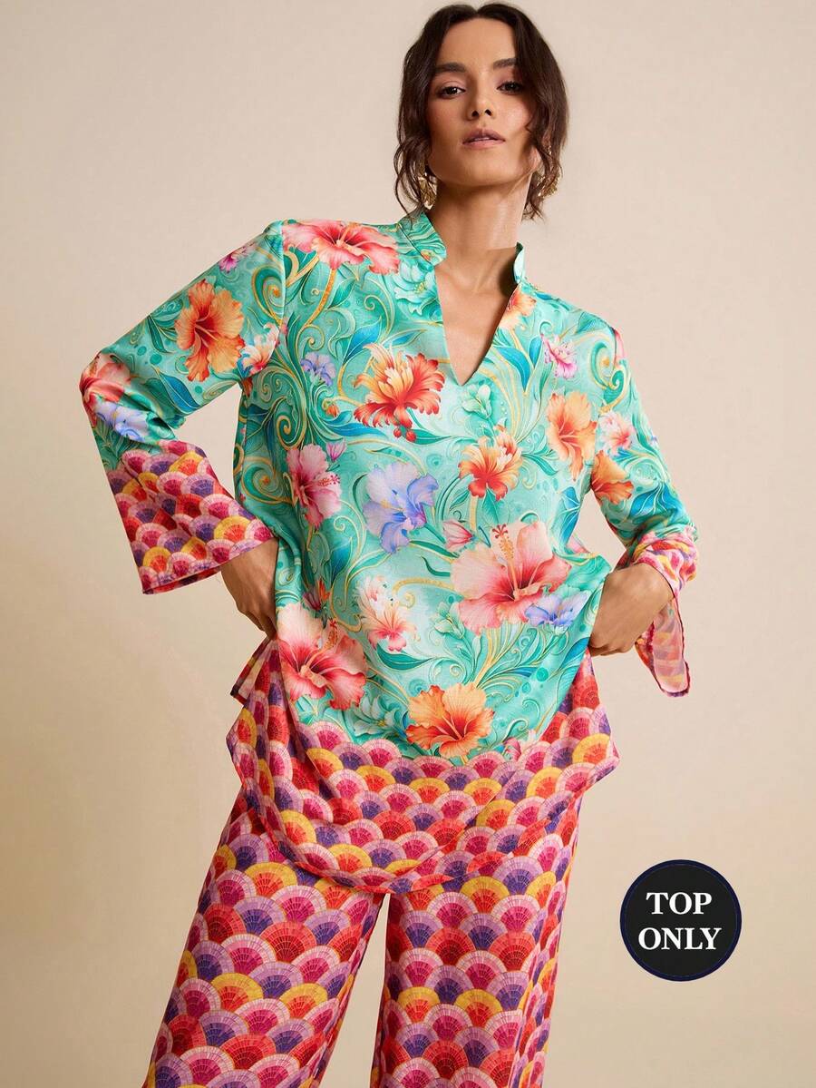 LOTSLUV 女士绿色和玫瑰红波西米亚风优雅印花宽松衬衫，春夏款 - 彩色 - 查看 1