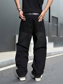 Manfinity EMRG 男士休闲街头风刺绣黑色牛仔裤 - 黑色 - 查看 2