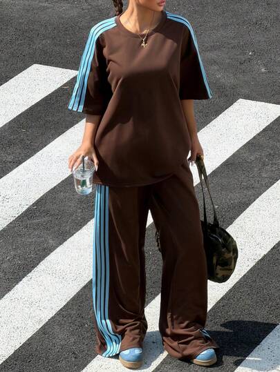 Muchica Conjunto informal de 2 piezas de camiseta de manga corta de cuello redondo a rayas y pantalones para mujer de talla grande