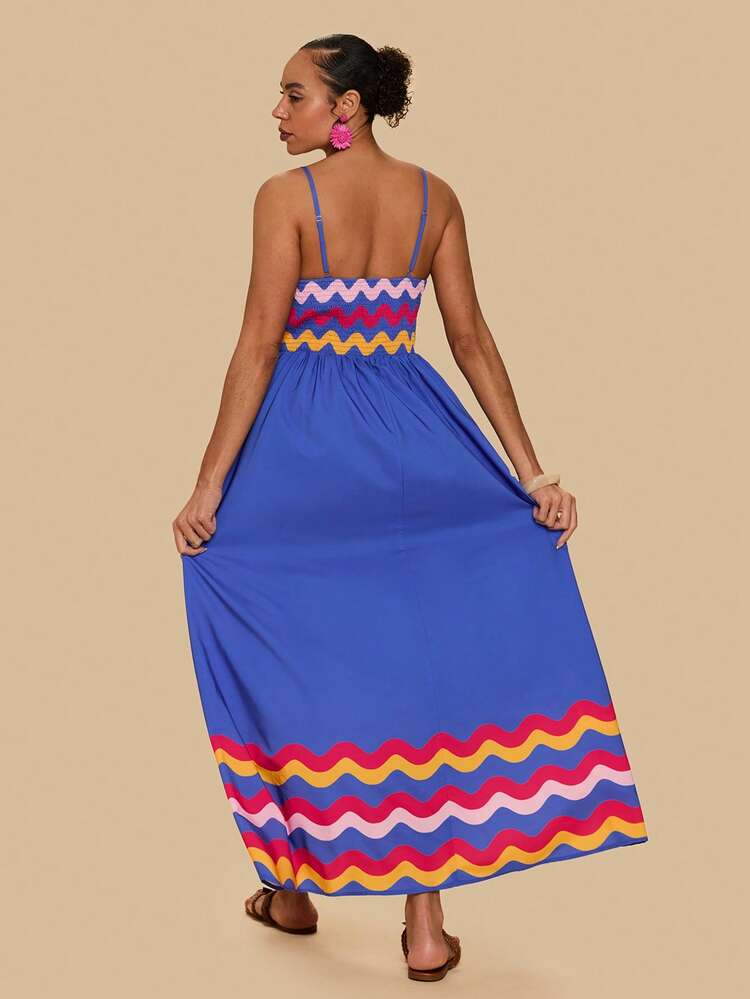 Travachic Plus Size Women Vacation Wavy Striped Casual Slip Dress - Blue - View 2