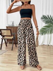 SHEIN PETITE Quần dài họa tiết da báo phong cách vintage giản dị dành cho nữ, phù hợp cho kỳ nghỉ biển, đi làm hàng ngày, công sở, lễ tốt nghiệp, họp mặt gia đình, hẹn hò Valentine, quần họa tiết da báo thanh lịch. - màu nâu - Xem 6