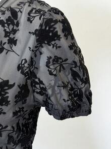 Jeanoix Sheer Sexy Flocked Floral Deep V-Neck Ruched Peplum Hem Women Blouse - Black - View 6