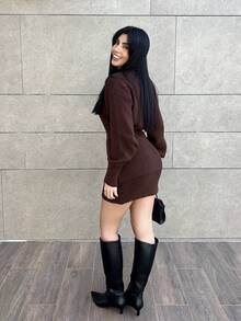 Hitanina 女士新款秋冬百搭日常穿搭落肩收腰针织开衫V领长款落肩修身迷你裙两件套，复古风格针织套装 - 咖啡棕 - 查看 2