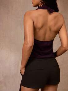 Opulessa Women's Solid Color Side Buckle Design Halter Neck Top,Summer Top - Purple - View 2