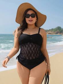 SHEIN Swim Lushore 大码女士蕾丝拼接可拆卸肩带露背比基尼两件式泳衣 - 黑色 - 查看 5