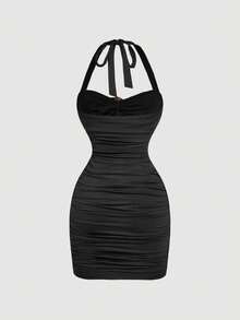SHEIN MOD Vestido mini con cuello halter fruncido y decoración metálica de unicolor para mujer - Negro - Ver 4