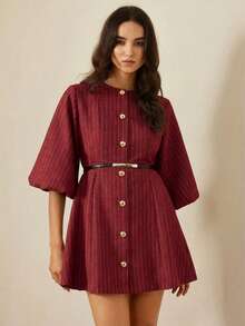 Vestido de punto de espiga con mangas de linterna, diseño elegante y versátil de alta gama - Rojo - Ver 6