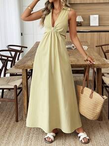 Isle Nomé Women's Sleeveless V-Neck Twist Knot A-Line Yellow Casual Dress, Suitable For Daily Wear And Vacation - Light Yellow - View 3