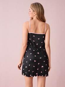 Bonmuse 性感心形印花蕾丝花边吊带睡衣，夏季性感内衣裙内衣裙性感睡衣 - 黑色 - 查看 2