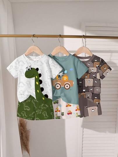 Set de 6 piezas de camiseta de manga corta y pantalones cortos con estampado gráfico de dinosaurio, oso y coche para niños pequeños, conjunto versátil para uso al aire libre, deportes, uso diario, primavera, verano, otoño, invierno