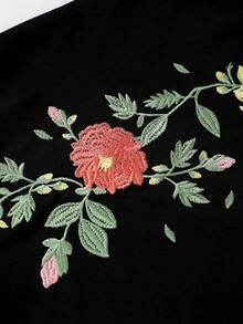 ROMWE MEN Men's Casual Floral Embroidery Pattern Loose T-Shirt - Black - View 5