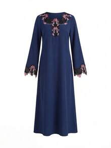 Al Najma 女士秋季黑色褶皱长袖花卉刺绣荷叶边下摆优雅阿拉伯连衣裙 - 藏蓝色 - 查看 8