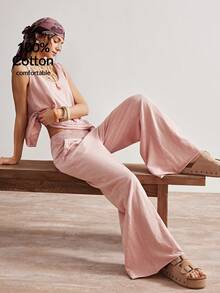 Bohemela Bộ 2 món gồm áo tank top và quần ống rộng dệt kim màu trơn dành cho nữ, kiểu dáng thường ngày. - Hồng - Xem 1