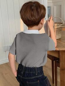 DAZY Young Boy Colorblock Polo Collar Short Sleeve Casual Sweater Summer - Grey - View 2