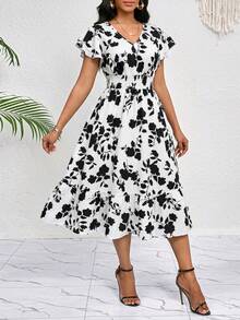 SHEIN Lady Đầm nữ thanh lịch cổ chữ V tay bồng họa tiết hoa, thích hợp cho kỳ nghỉ. - Đen và trắng - Xem 5