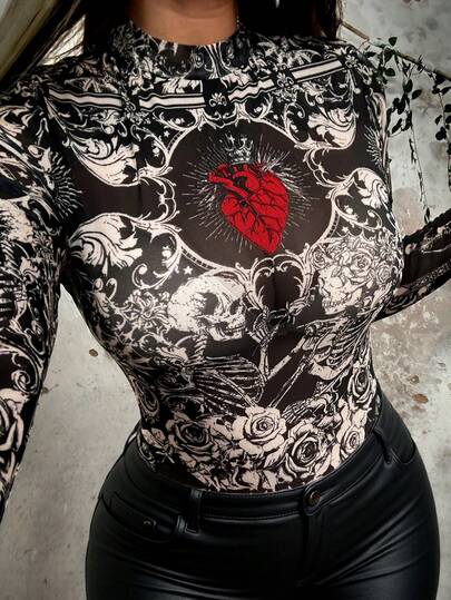 Whyspr Plus Size Punk Rock Mesh Overlay Graphic Print Crew Neck Long Sleeve Elegant Vintage Casual Vacation See-Through Skull & Rose Contrast Color Mesh Print Blouse For Women