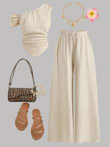 SHEIN Girlism 少女套装，杏色，露肩设计，简约风格，休闲度假风，优雅装扮 - 杏色 - 查看 1