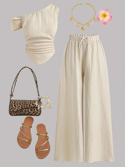 SHEIN Girlism 少女套装，杏色，露肩设计，简约风格，休闲度假风，优雅装扮