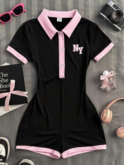 אוברול מיני עם צווארון פולו בצבע ניגוד, הדפס סוסים, לבנות, טווין