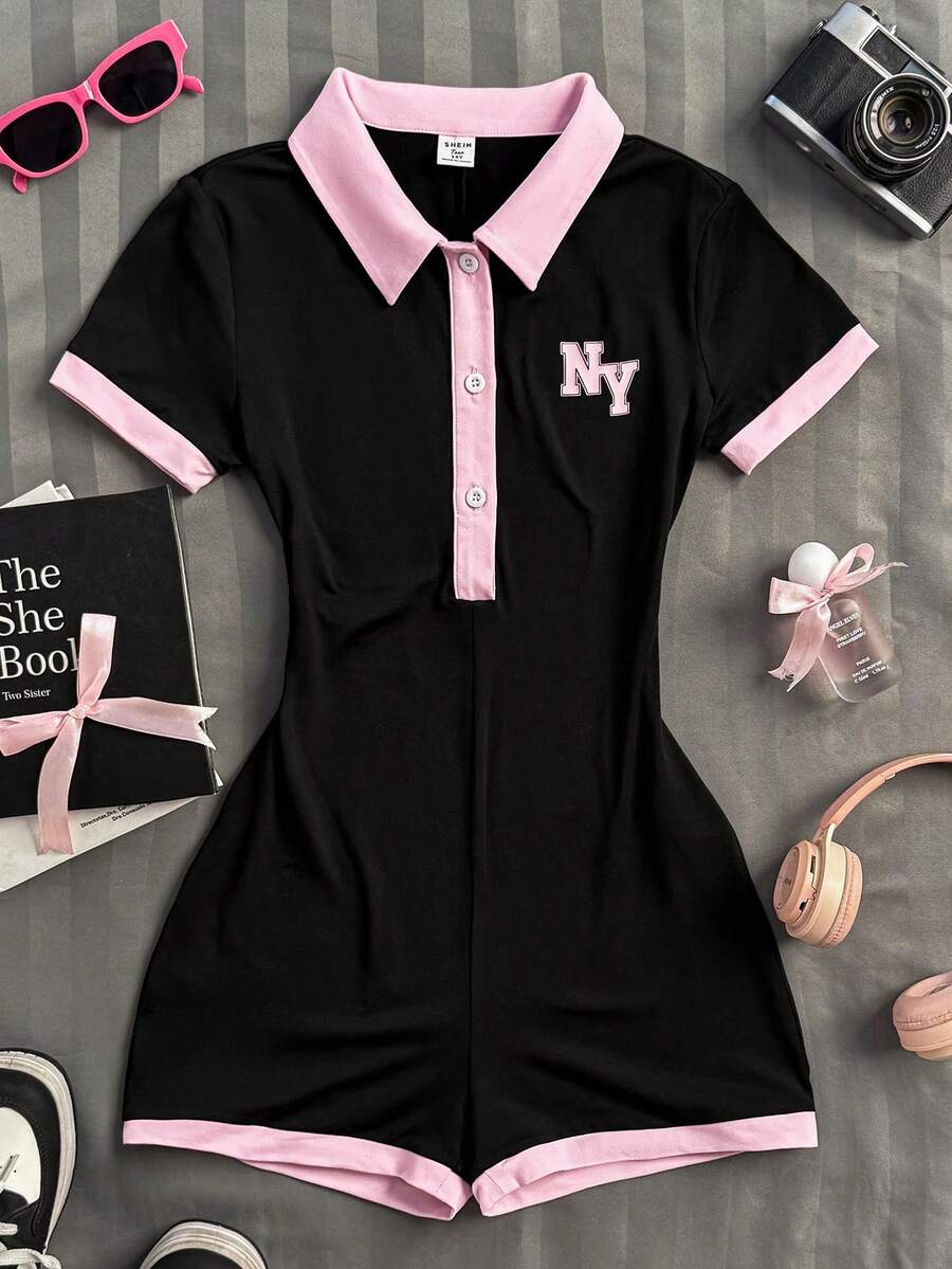 SHEIN 少女休闲简约学院风小马图案印花高领连体裤，适合秋冬季节，百搭风格，复古风、学院风、性感风、可爱风、Y2K风、椰子女孩风、波西米亚风、嬉皮风、音乐节 - 彩色 - 查看 1