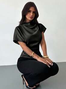 Firerie Bluză elegantă cu rever, casual, pentru femei, cămașă din satin, ținută elegantă pentru femei - Negru - Vizualizare 6