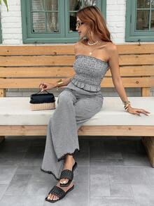 Serisse 女士度假休闲格子抹胸上衣和裤子两件套 - 黑與白 - 查看 4