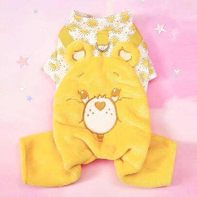 Care Bears X PETSIN 1件宠物服装，黄色泰迪熊刺绣秋冬加厚保暖四脚连体衣，带牵引D形环，猫狗通用