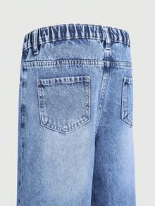 SHEIN 女童 Y2K 新款粉色愛心刺繡直筒寬鬆修身牛仔褲，舒適優質棉質丹寧，中藍色水洗效果，柔軟棉質面料，適合日常穿著、度假、上學、通勤、派對、居家、節慶 - 中等水洗藍 - 查看 7
