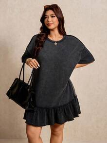 Elaquor Vestido casual con cuello redondo, manga corta y volante en el bajo para mujer de talla grande - Negro - Ver 5