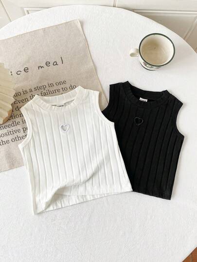 Genkimix Kids Young Girl Summer Casual Solid Color Heart Hollow Ribbed Tank Top