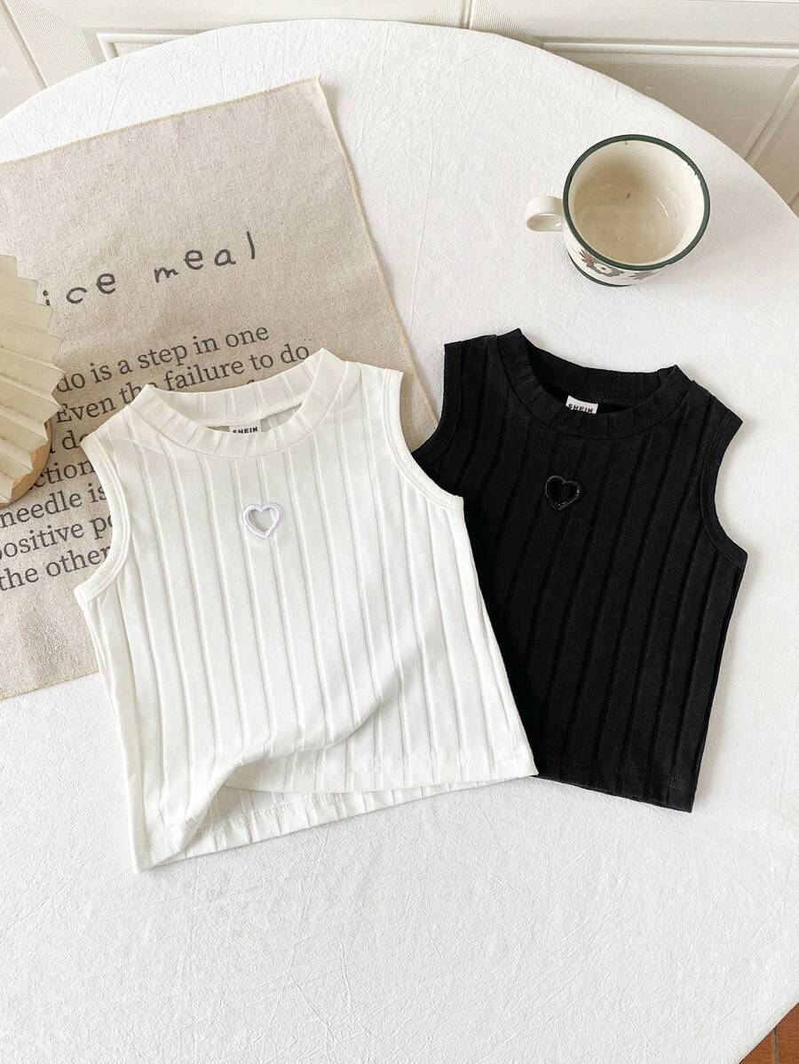 Genkimix Kids Young Girl Summer Casual Solid Color Heart Hollow Ribbed Tank Top - Black and White - View 1