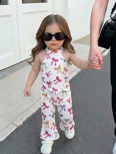 SHEIN Babygirl Cute Vacation Casual Knit Bow Camisole & Flare Leg Pants Set