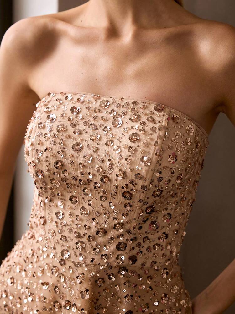 WOMEN'S BEADED CONTRAST SEQUIN STRAPLESS DRESS, STRAPLESS, SPRING/SUMMER