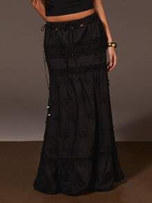 Athîral 2025 波西米亚风沙滩连衣裙 - 高开衩亚麻混纺长裙，松紧腰，蕾丝边饰，音乐节和度假的完美之选 | A字夏季连衣裙，女士夏季服装，女士度假装，白色沙滩装 - 黑色 - 查看 2