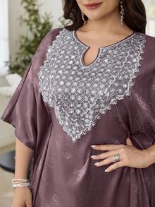 Al Najma Robe en satin jacquard de style arabe pour femmes grandes tailles, patchwork, décontractée et élégante pour le printemps/automne - Vieux Rose - Voir 6