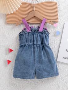 SHEIN 女婴蓝色时尚毛巾刺绣花卉撞色肩带蝴蝶结装饰连体衣 - 藍色 - 查看 2