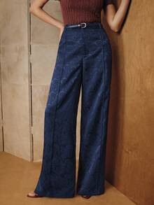 Anewsta Pantalones rectos elegantes para mujer, pantalones rectos de jacquard rojo minimalista para ir al trabajo - Azul Marino - Ver 7