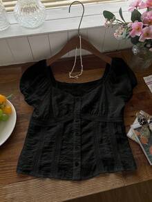 Comfortcana Plus Size V-Neck Floral Contrast Trim Short Sleeve Shirt, Summer - Black - View 6