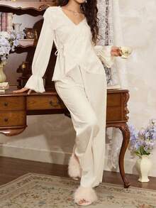 Côtesoire Women's Elegant Romantic Lace Ruffle Tie-Up Comfortable Casual White Pajama Set - Yellow - View 4