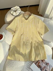 SHEIN 女士及少女法式休闲黄色格子褶裥短袖衬衫，清新百搭，春夏单件装 - 黃色 - 查看 8