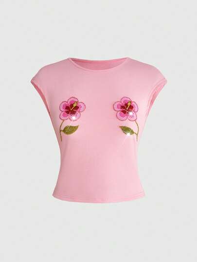 T-shirt ajusté pour femme Island Girl à sequins brodés