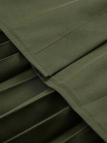 EMERY ROSE Conjunto de camisa de manga larga con pliegues y pantalones rectos versátiles y casuales para mujer de talla grande - Verde militar - Ver 3