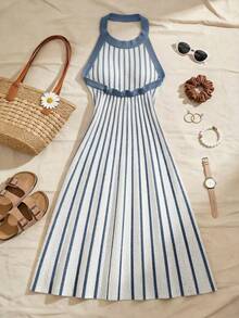 Franclia Women's Elegant Commuter Striped Backless Halter Neck Knit Dress, Summer - Blue and White - View 2
