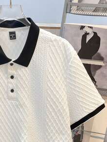 Manfinity Joysei Men's Knitted Jacquard Textured Solid Color Ribbed Collar Polo Shirt - White - View 4