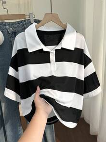 Comfortcana Plus Size Black Striped Loose Short Sleeve Polo Neck T-Shirt - Black and White - View 5