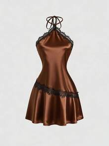 Sweetra Women's Lace Patchwork Halter Tie Waist Fashionable Date Mini Dress - Coffee Brown - View 6