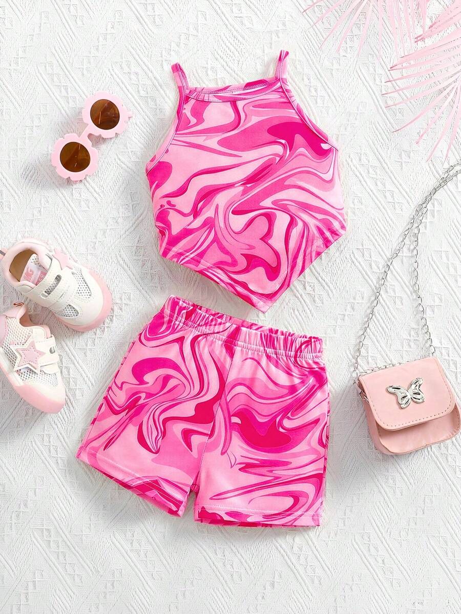 SHEIN 女婴可爱夏季针织图案背心和短裤套装 - 彩色 - 查看 1