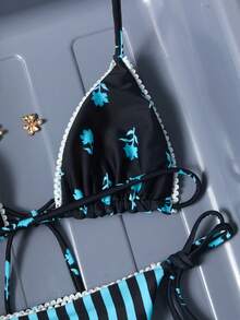 Swim Mod Set Bikini Halter Motif Bunga untuk Liburan Pantai Kasual Wanita, 2 Potong - MultiWarna - View 6