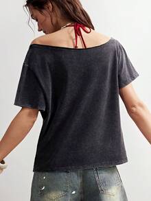 Bohemela 波西米亚风度假风不对称领纯色针织宽松休闲女式T恤 - 黑色 - 查看 7